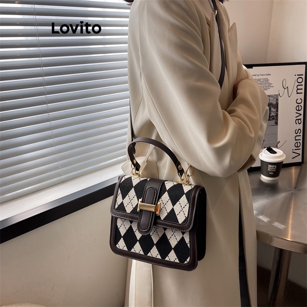 Lovito 女士休閒菱形小號單肩包 LFA05228 (咖啡色/黑色)
