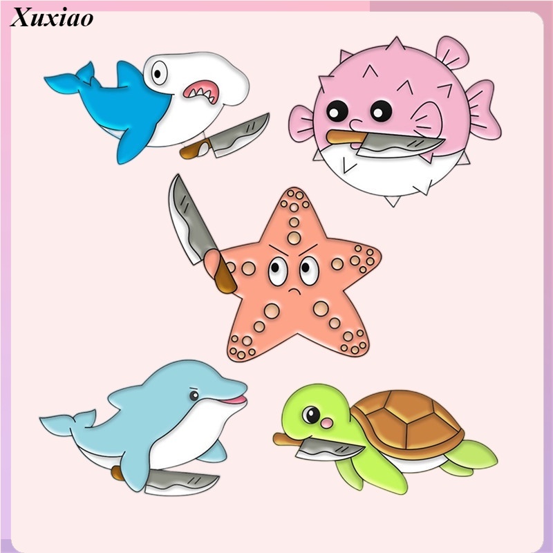 創意海洋動物翻領別針刀鯊魚海星烏龜胸針卡通徽章送給朋友服裝配飾首飾