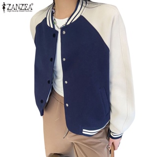 Zanzea 女式韓版圓領長袖拼布拼色夾克