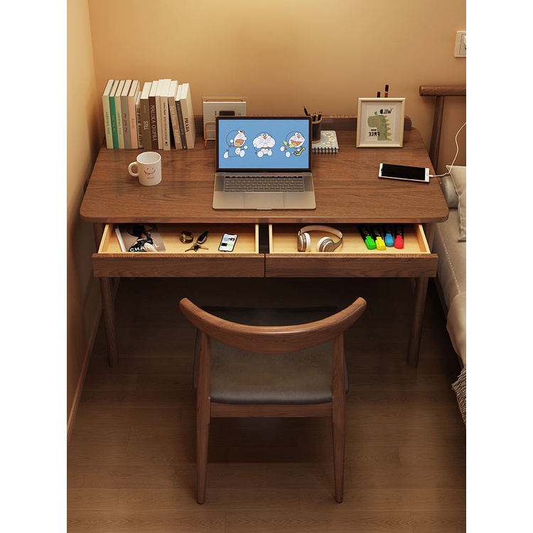 【爆款 現貨】 胡桃色實木書桌學生家用學習桌臥室床邊全實木電腦桌小戶型寫字台