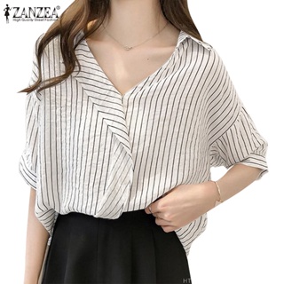 Zanzea 女式韓版時尚短袖拼接條紋寬鬆襯衫