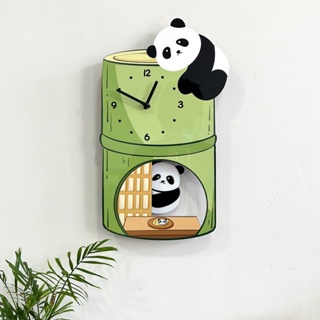 卡通創意熊貓搖擺裝飾掛牆鐘客廳幼兒園兒童房靜音家用時鐘掛鐘
