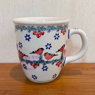 [HOME] 馬克杯 波蘭陶 早餐杯 牛奶杯 拿鐵杯 水杯 果汁杯 橘紅色小鳥綠邊圖案 波蘭進口 收藏 花茶杯
