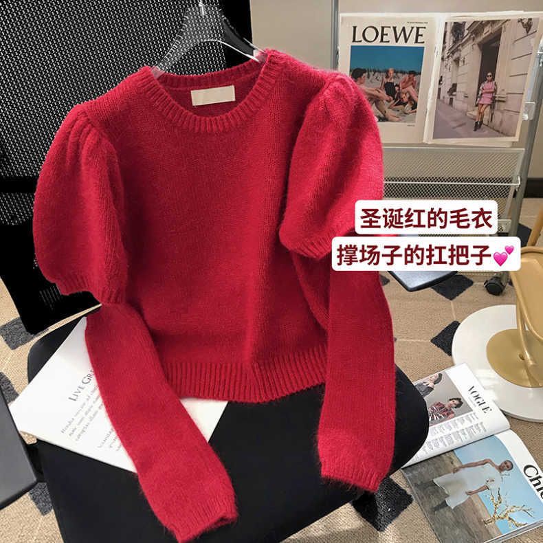紅色耶誕袖套 毛衣 女 秋冬 短版上衣 內搭 打底 泡泡袖 針織衫