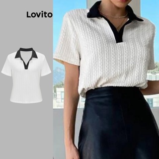 Lovito 女式優雅素色拼色基本款 T 恤 L65ED037 (白色)