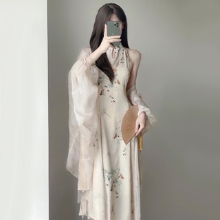 【❤️桃喜Rich現貨】旗袍系列 新中式國風禪意 旗袍裙 掛脖連衣裙 露背洋裝 夏季古著vintage茶系穿搭 一整套裝