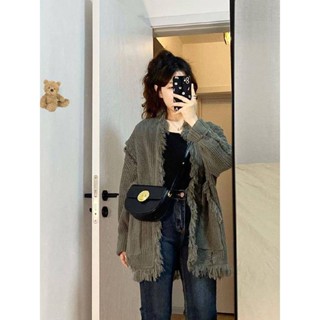 🌟Lovely愛出貨🌟 灰色針織衫毛衣女春季2023年新款慵懶風毛邊寬鬆長袖開衫上衣外套
