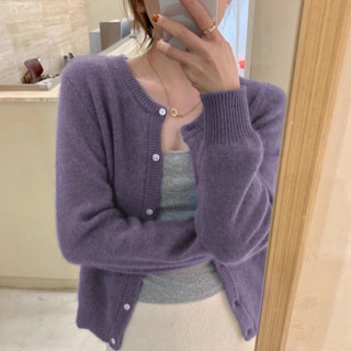蔓莎💞浣熊毛短款針織小開衫秋冬女裝2023新款圓領疊穿打底毛衣外套上衣