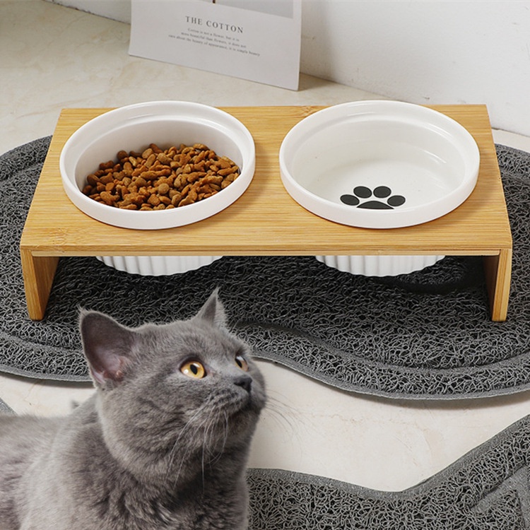 【現貨速發】貓咪碗 竹製陶瓷貓碗 雙碗 貓糧盆 貓盆 狗碗 貓飯盆 水碗 貓碗架 寵物餐桌