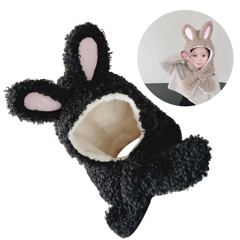 Omg* 卡通兔子嬰兒帽子圍巾冬季保暖集成豆豆帽柔軟毛絨圍巾防風男孩和女孩