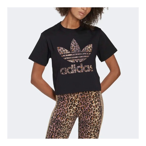Adidas T-Shirt Logo HK5187 女 短袖 上衣 T恤 經典 豹紋 LOGO 短版 三葉草 黑