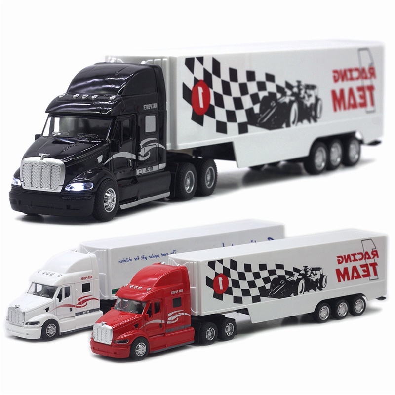🌈1:48 美式合金大卡車貨櫃車，集裝箱聲光車模模型！