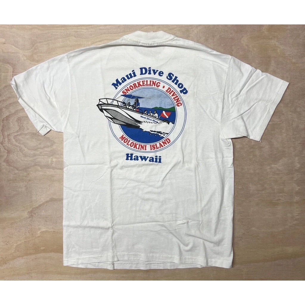 男士棉質 T 恤 Vtg Hawaii Maui Dive Shop 單針短袖 T 恤 Lrg Hanes Beefy