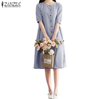 Zanzea 女式韓版休閒條紋圓領鈕扣半袖連衣裙