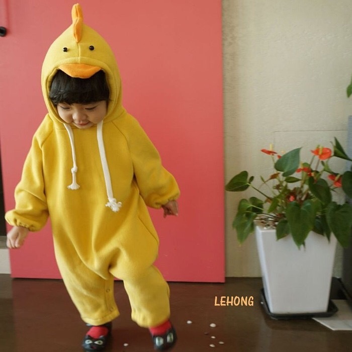 AKUI⚡嬰兒造型服男女寶寶可愛小雞造型連帽長袖連身衣爬服0-2歲嬰兒衣服長袖包屁連身衣