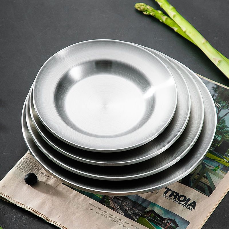 不鏽鋼碗碟 德國 304不銹鋼餐盤食品級傢用雙層防燙菜碟平低加厚圓形水果盤子