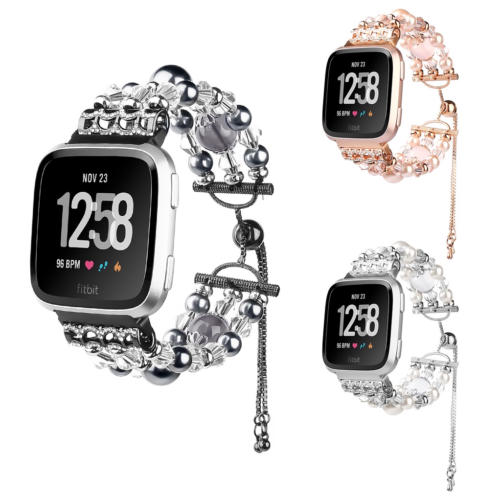 替換錶帶適用fitbit 瑪瑙款錶帶珠寶原石水晶versa2/3代 拉伸手環