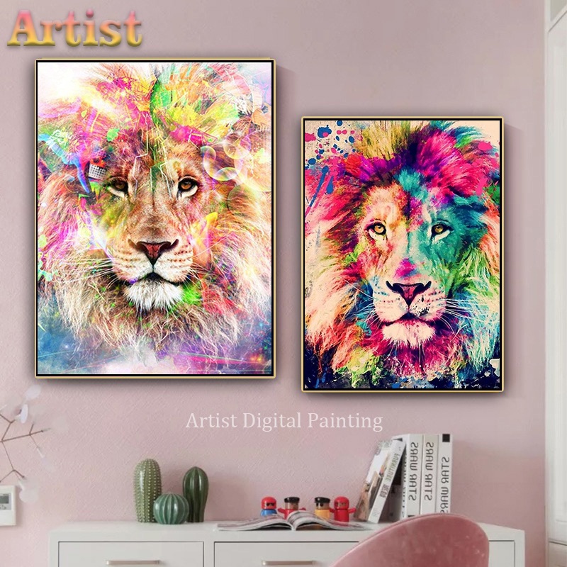 DIY數字油畫 奇幻動物款 彩色獅子（40X50CM帶框）按數字畫 油畫 手工畫 裝飾畫 數字繪畫