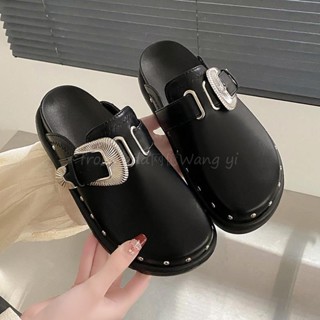 新款 懶人·歐洲站包頭拖鞋女外穿春夏新款真皮鉚釘厚底側皮扣百搭涼拖鞋