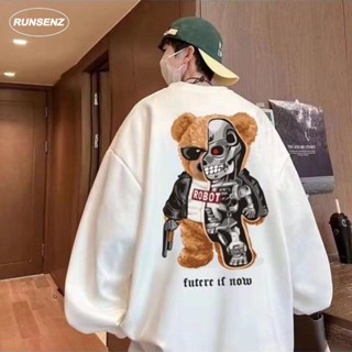 M-8XL 時尚分裂熊長袖運動衫 日系大尺碼大學T男 秋季圓領大學T 寬鬆男生長袖上衣 慵懶風 休閒 胖哥衣著