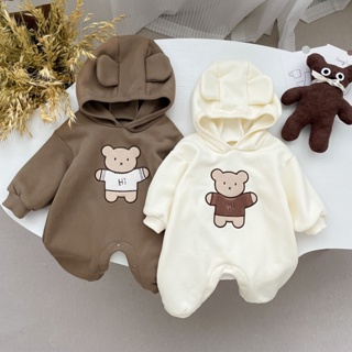 秋冬新款寶寶毛絨保暖長袖連體衣0-24個月新生嬰兒超可愛卡通小熊連帽外套韓版
