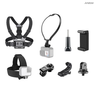 Andoer 運動相機配件套裝胸帶支架 + 頭帶 + 頸托 + 手機支架,用於騎行遠足划船 Came-10.04