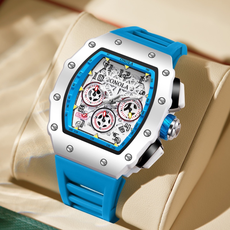 高品質ONOLA 品牌 6針多功能防水矽膠帶運動石英男士手錶