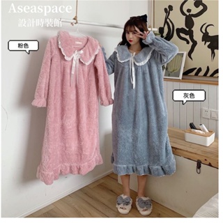 Aseaspace.秋冬保暖珊瑚絨睡裙家居服娃娃領可愛甜美毛絨睡裙女秋冬長款休閒法蘭絨居家服裙子保暖毛絨睡衣女