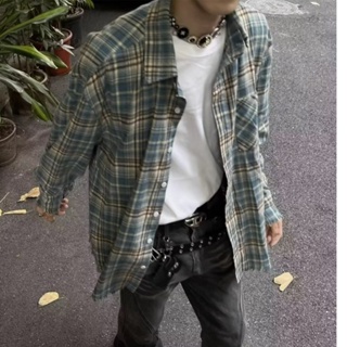 流行款式韓版時尚男士格子襯衫大口袋超大中性長袖襯衫