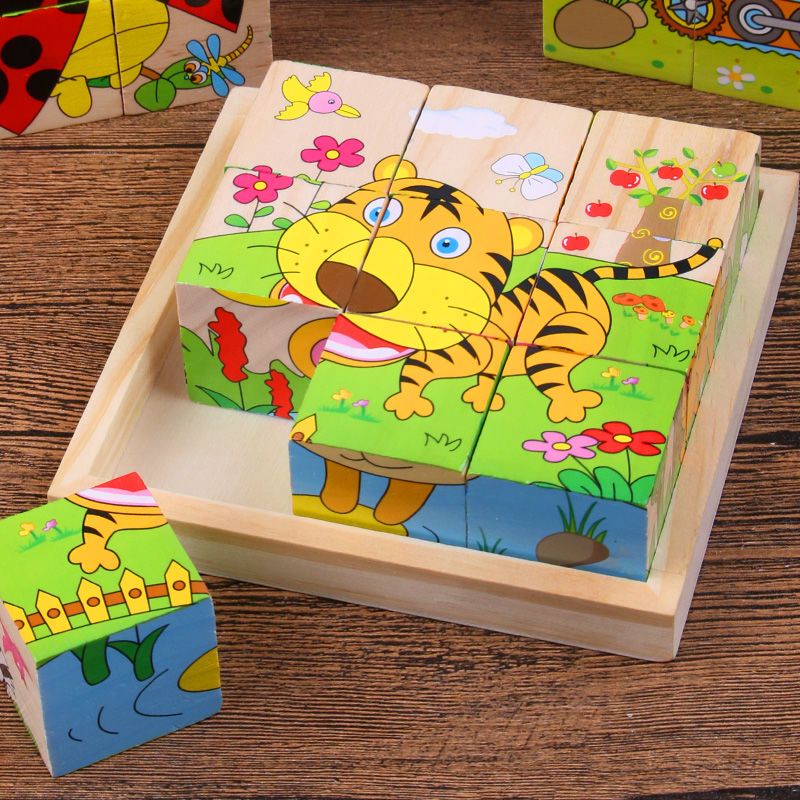 9粒六面畫拼圖積木 兒童益智立體3d拼裝模型早教幼兒男孩女孩玩具