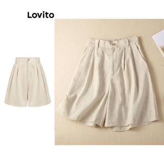 Lovito 波西米亞女式素色鈕扣拉鍊短褲 L74ED144 (杏色/棕色)