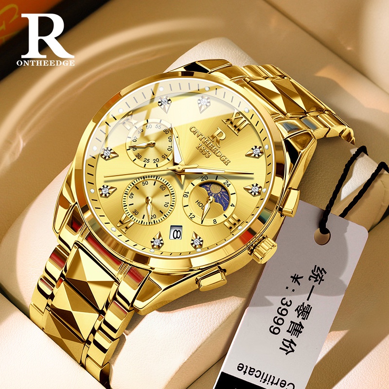 ONTHEEDGE品牌手錶 RZY081-1 多功能 三眼六針 金色 石英 防水 高級男士手錶