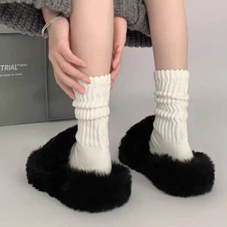 粗針襪子女中筒襪秋冬款白色堆堆襪保暖長襪推推襪毛毛襪子黑色長筒襪針織毛線襪套