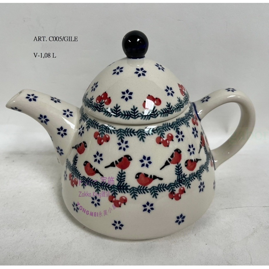 [HOME] 波蘭陶 茶壺 泡茶壺 造型水壺 橘紅色小鳥綠邊圖案 波蘭進口 居家 餐具收藏
