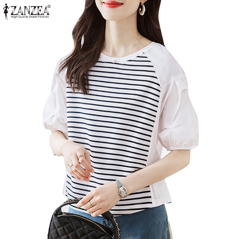Zanzea 女式韓版短袖圓領條紋拼接襯衫