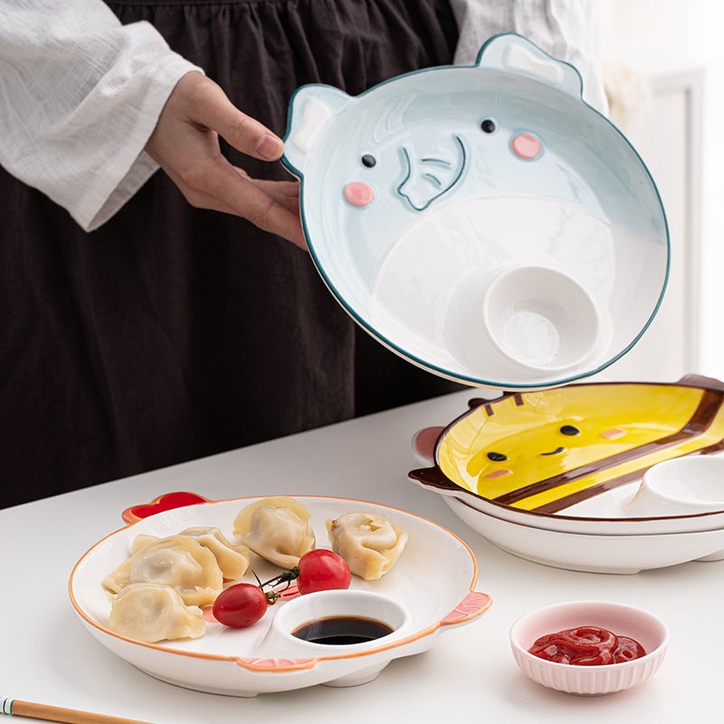 卡通餃子盤餐盤配醋盤陶瓷餃子專用盤網格盤早餐盤水果盤減肥配菜盤