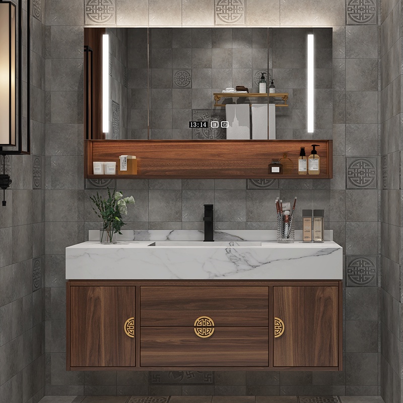 新中式實木大理石浴室櫃智能組合衛生間洗手池洗臉盆櫃洗漱台定製 浴櫃