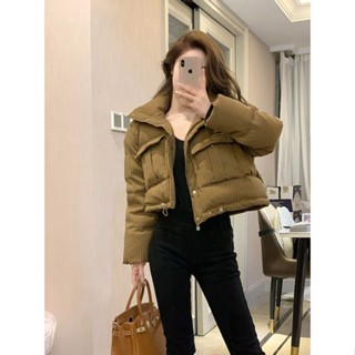 【遇見美衣】棕咖色短款羽絨服女冬季韓版小個子立領加厚格紋麵包服外套2216