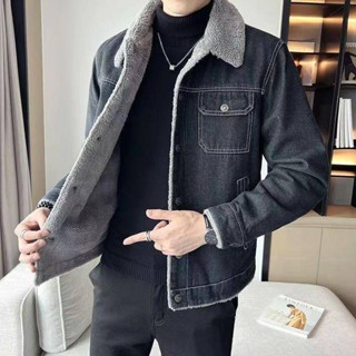 🌟Lovely愛出貨🌟 牛仔夾克外套男冬季新款加絨加厚保暖毛領牛仔衣韓版潮流修身冬裝大尺碼 防風外套