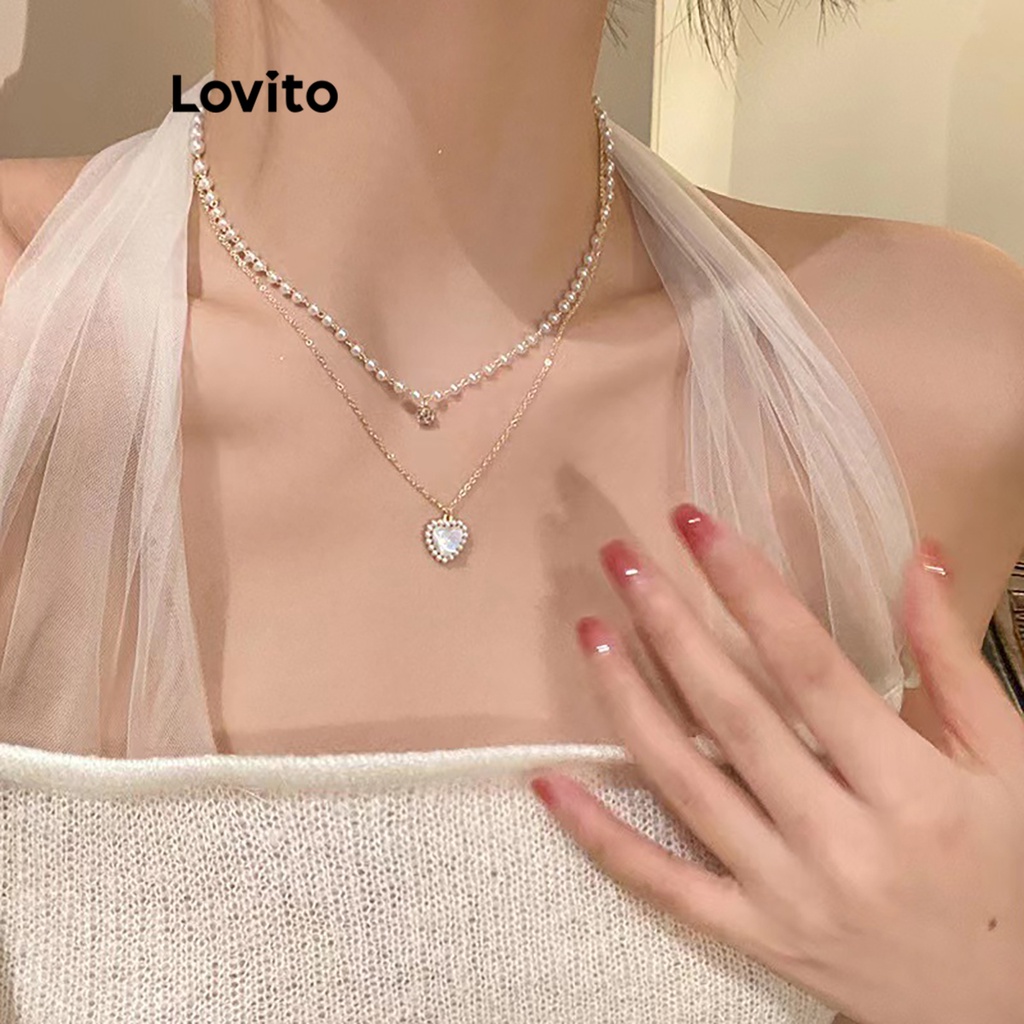 Lovito 女士休閒素色珍珠心型項鍊 LFA03143 (金色)