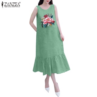 Zanzea 女式韓版褶襉無袖 O 領刺繡荷葉邊下擺連衣裙