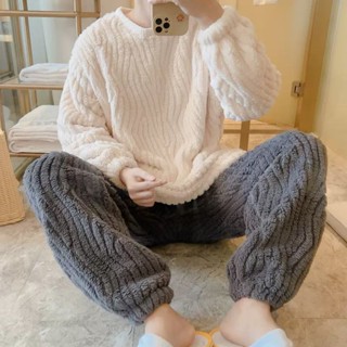 睡衣男 冬天睡衣 睡衣套裝 家居服 法蘭絨 秋冬季刷毛加厚珊瑚絨寬鬆大尺碼男款家居服套裝冬天可外穿