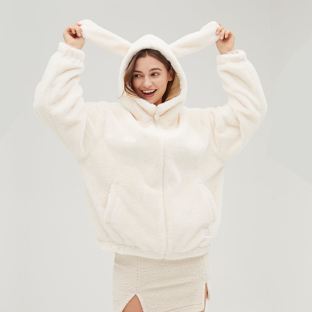 Ohsunny Cute Ears Hoodie 保暖蓬鬆人造毛皮短外套派克大衣外套帶口袋