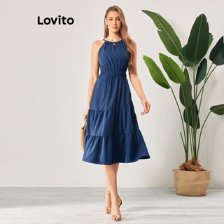 Lovito 女式波西米亞素色荷葉邊下擺連身裙 LBL06117 (藍色)