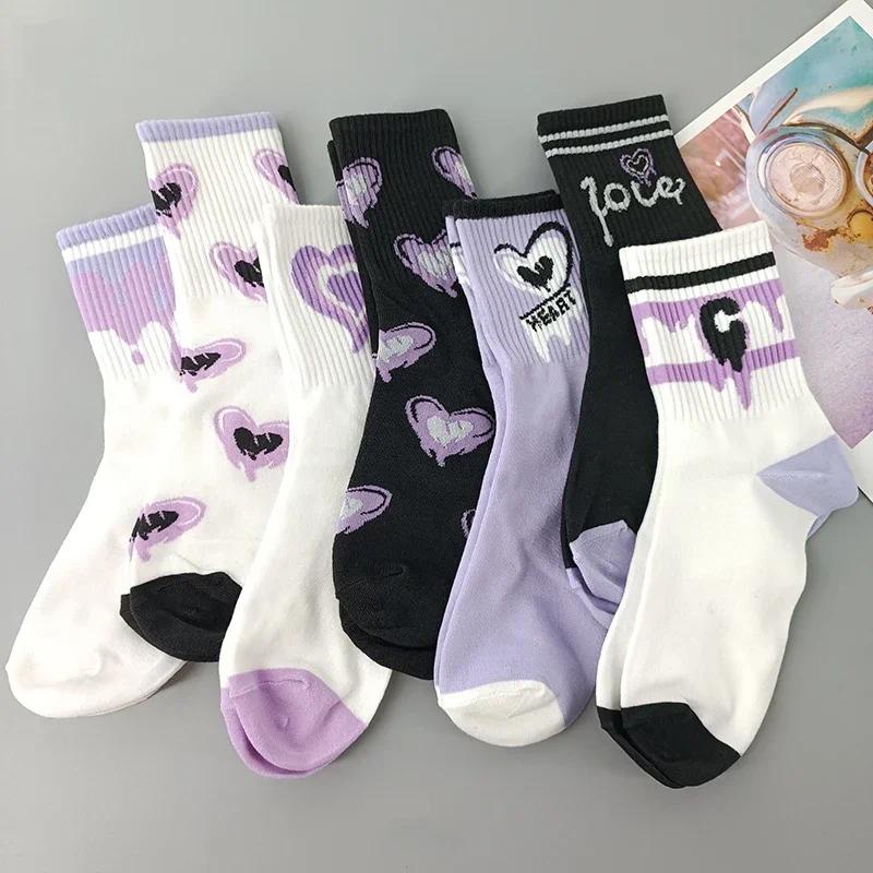 新款簡約紫色可愛愛心印花襪子女女童柔軟透氣中筒棉襪潮甜酷吸汗運動襪