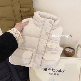 韓國童裝 兒童冬天馬甲外套 男女童羽絨棉馬甲小孩背心 外穿 新款 韓系 保暖男童加厚上衣 休閒 素色 立領門襟馬甲