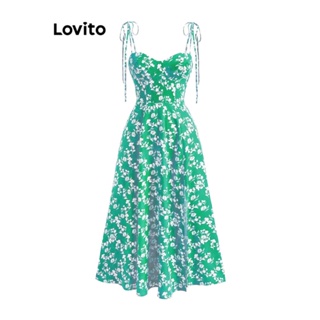 Lovito 波西米亞花卉結構線條抽繩女式前開衩洋裝 LBL07088