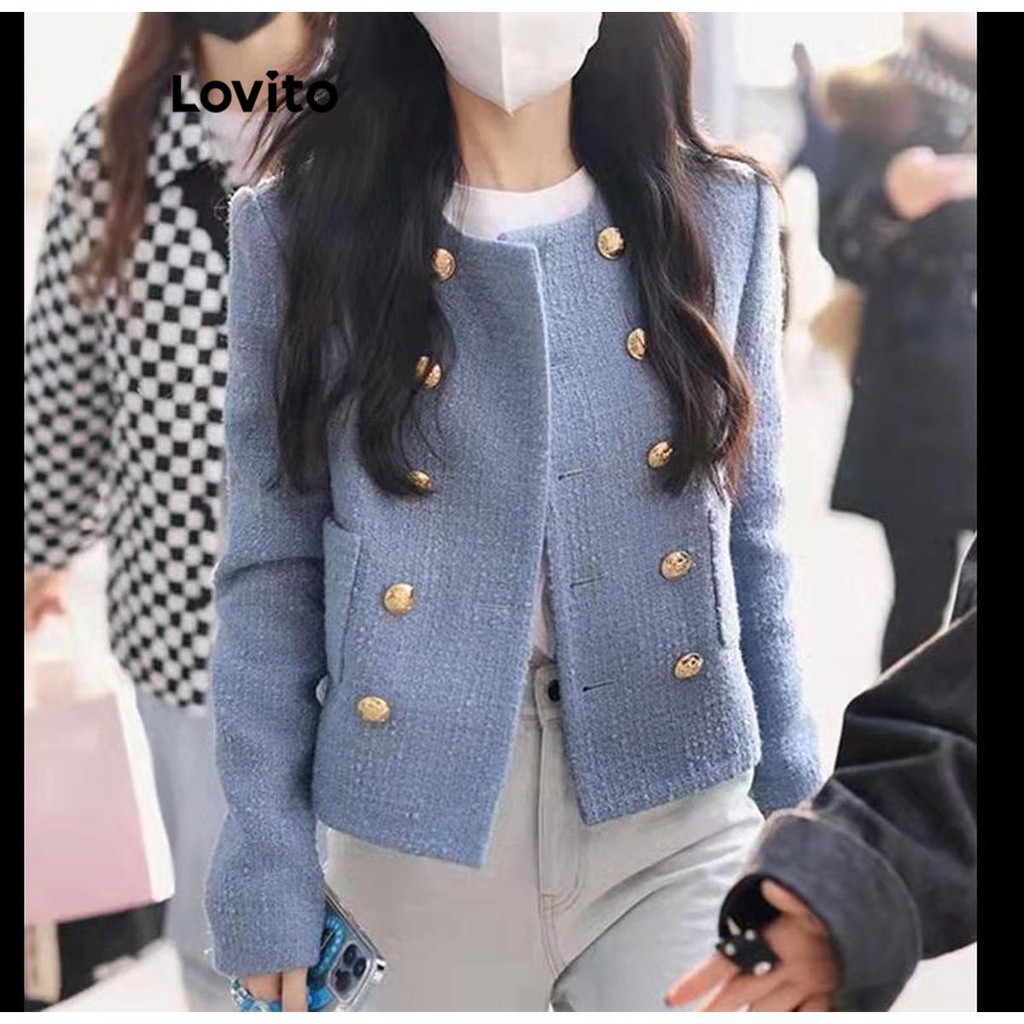 Lovito 女士素色系扣長袖西裝外套 LNA38025 (藍色)