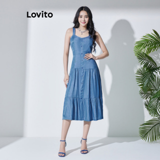 Lovito 女式休閒素色結構線條荷葉邊下擺牛仔連身裙 LBL07015