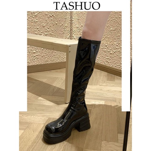TASHUO  漆皮長筒靴亮皮跟靴長靴女2023年秋季爆款增高瘦腿黑色漆皮騎士靴